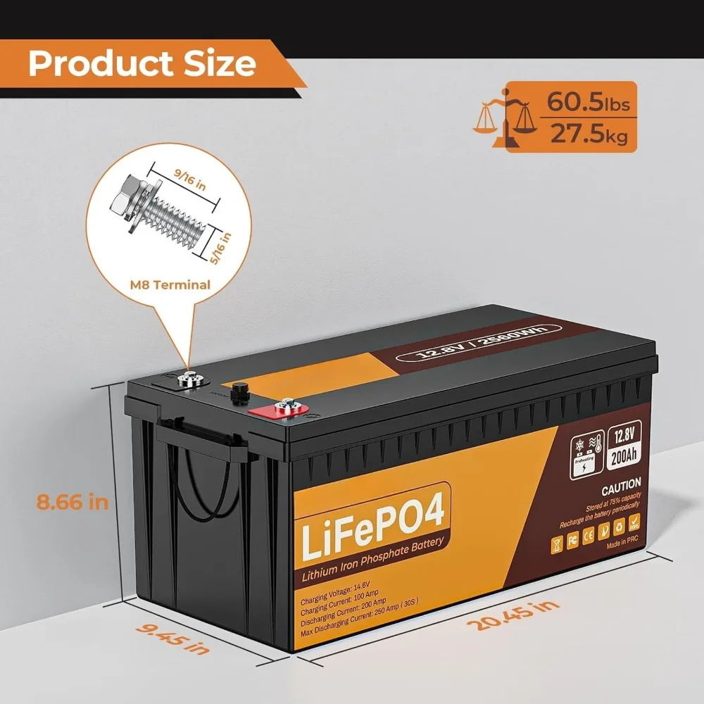 12V 200Ah Self-Heating LiFePO4 Battery, 200A BMS w/Smart APP & Wireless Monitor, 4000+ Cycles for RV/Marine/Off-Grid