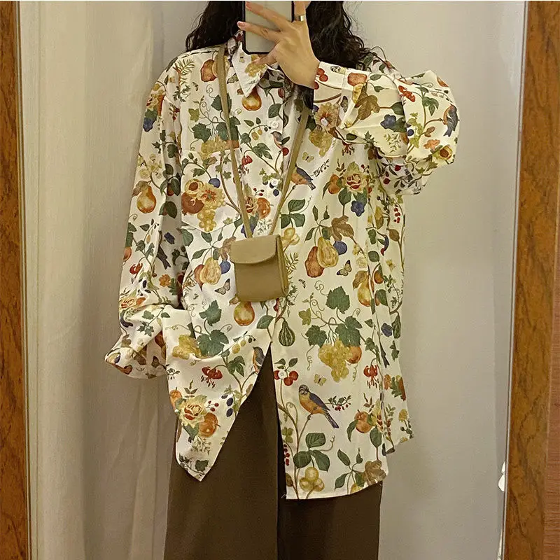 New American Retro Loose Hong Kong Style Floral Long Sleeved Shirt with a Sense of Design Niche Shirt Top Trend