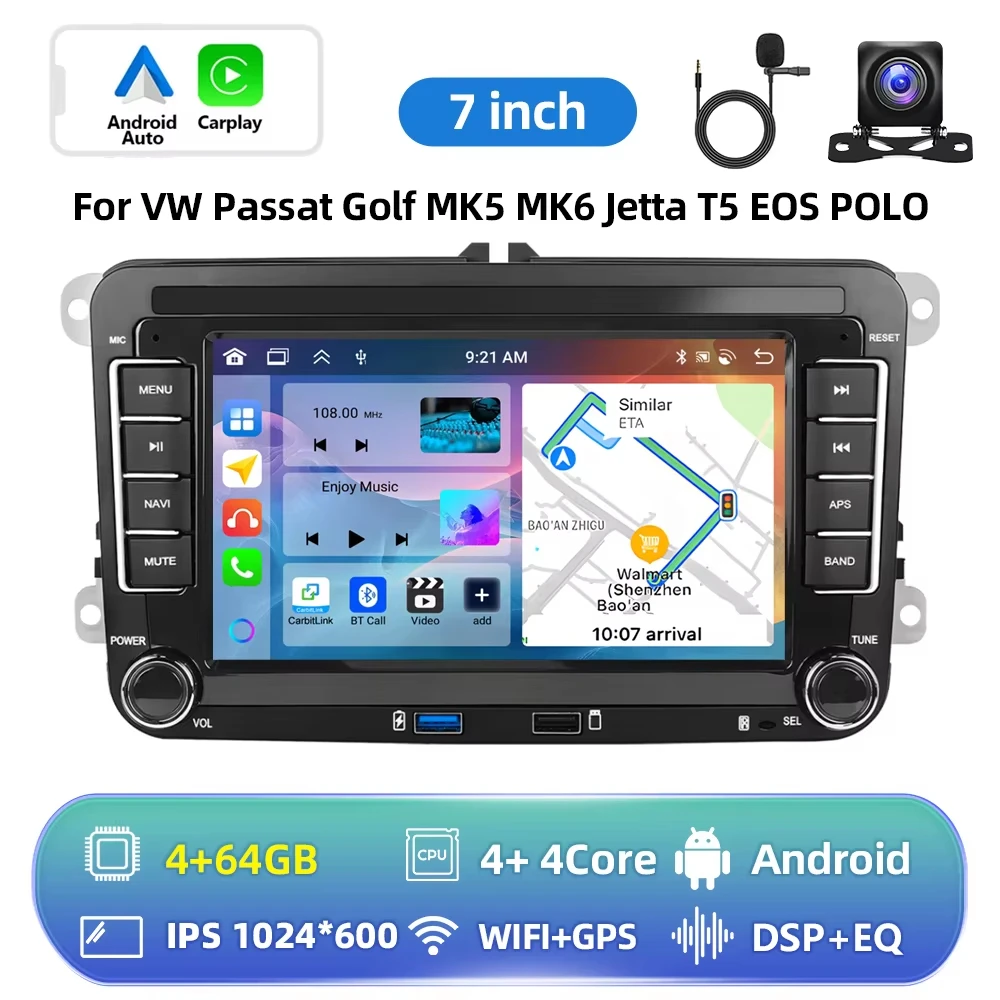 Podofo 6+128G Android 2Din autoradio met Carplay, Android Auto, GPS, FM-ontvanger, AI-stem, DSP voor VW, Seat, Skoda, PASSAT, GOLF