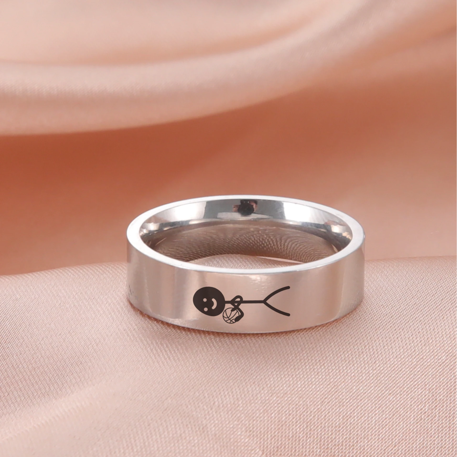 Amaxer Fashion Hip Hop Play Basketball Stickman Ring For Man Woman Rock Punk Party Smile Funny Men Stainless Steel Jewelry Gifts