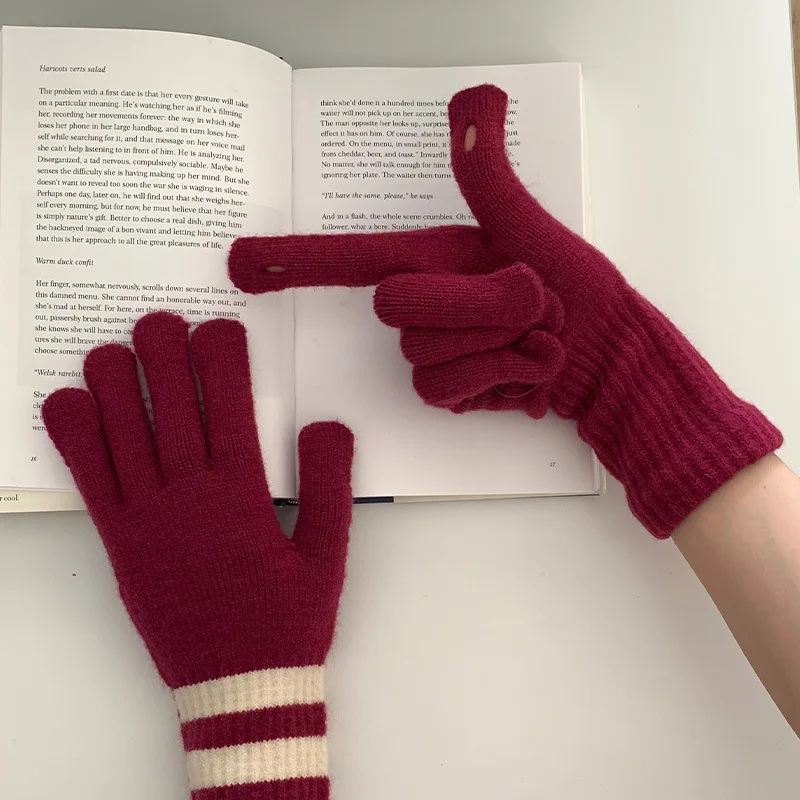 Guantes cálidos con pantalla táctil de Raya Horizontal para mujer, guantes de hilo de punto, guantes resistentes al frío para ciclismo, guantes cálidos de invierno a la moda