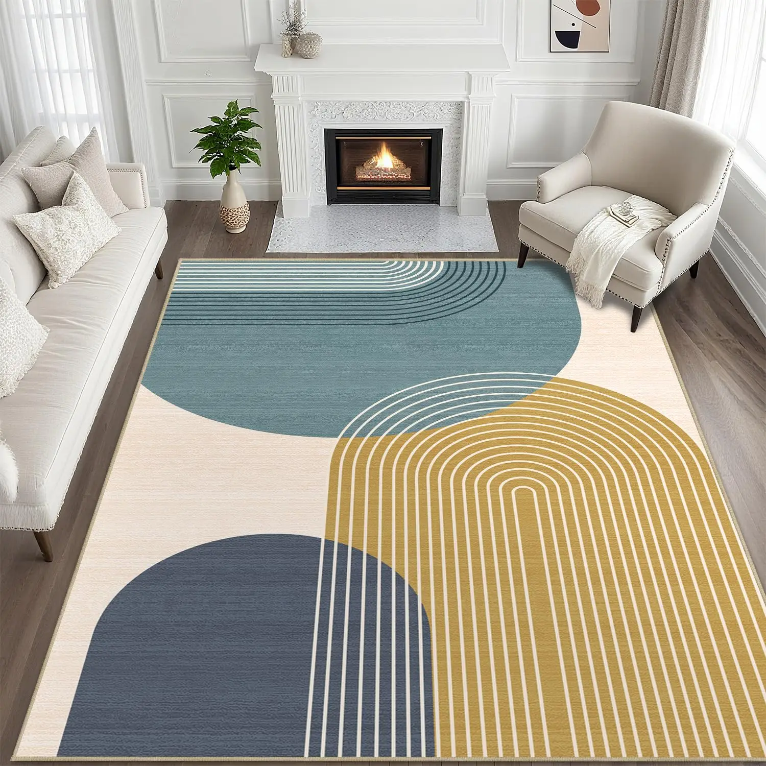 Warm Nordic Runner Rug Brown Beige Semi Circle Line Pattern Carpet Non Slip Floor Mat For Living Room Bedroom