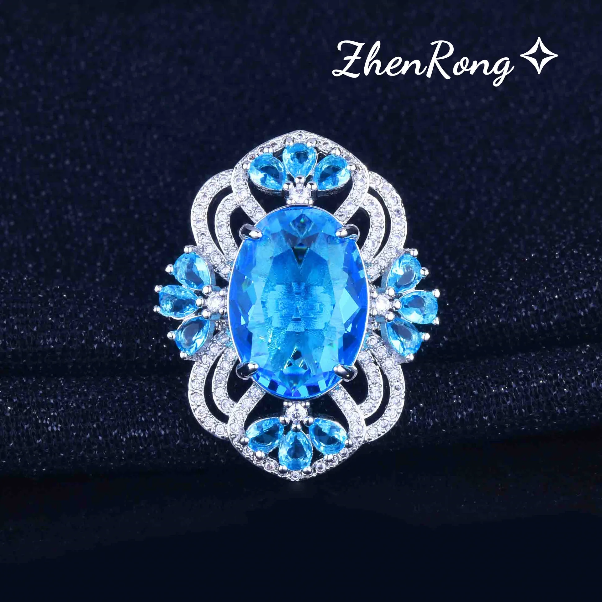 Foydjew Reykjavik Aesthetics Luxury Banquet Simulation Aquamarine Jewelry Sets Sea Blue Stone Pendant Necklaces Earrings Rings