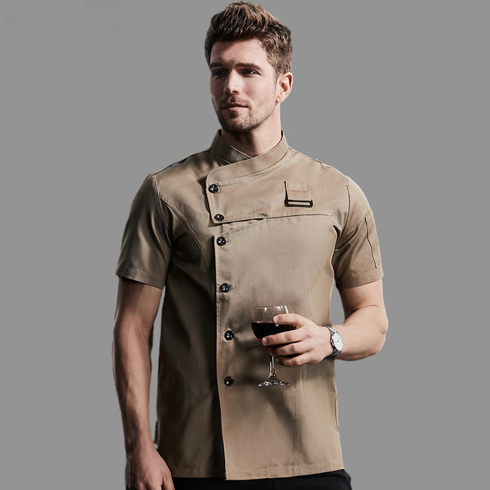 Uniforme de Chef caqui para Catering, ropa de trabajo, camisas de Chef para la cabeza, abrigo de cocina, chaqueta de Chef, restaurante, barbería, camisa de camarero, delantal de verano