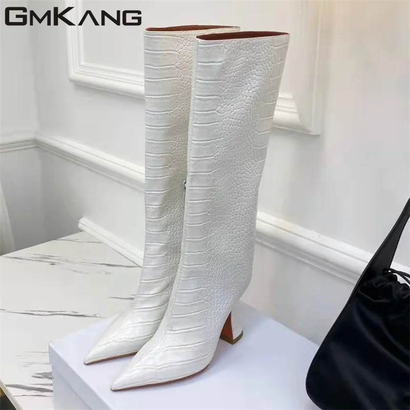 Sexy Cup Heels Knee High Boots Women Crocodile Pattern Leather Runway Shoes Women High Heels Long Boots Woman Botas Mujer