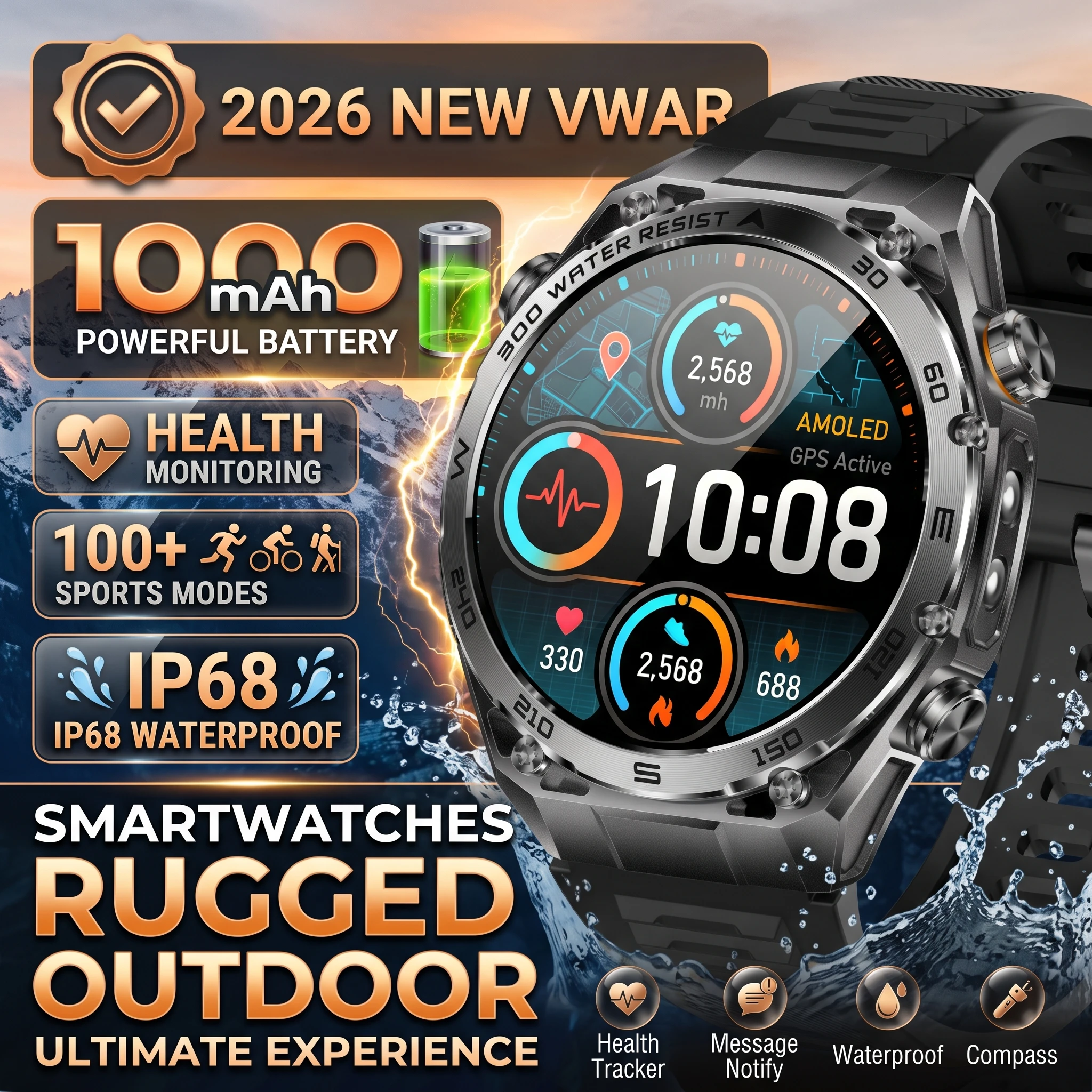 2026 New VWAR1000 mAh Battery Smart Watch IP68 Waterproof UV Light ...