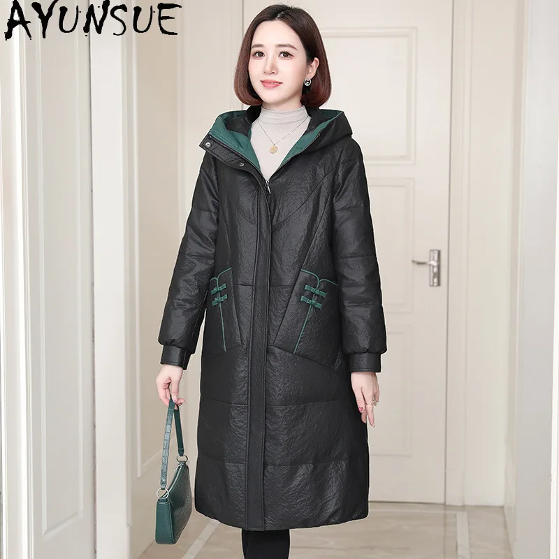 

AYUNSUE 100% Genuine Sheepskin Leather Down Jacket Women Winter 2023 White Duck Down Coat Mid-length Fashion Parkas Chaquetas