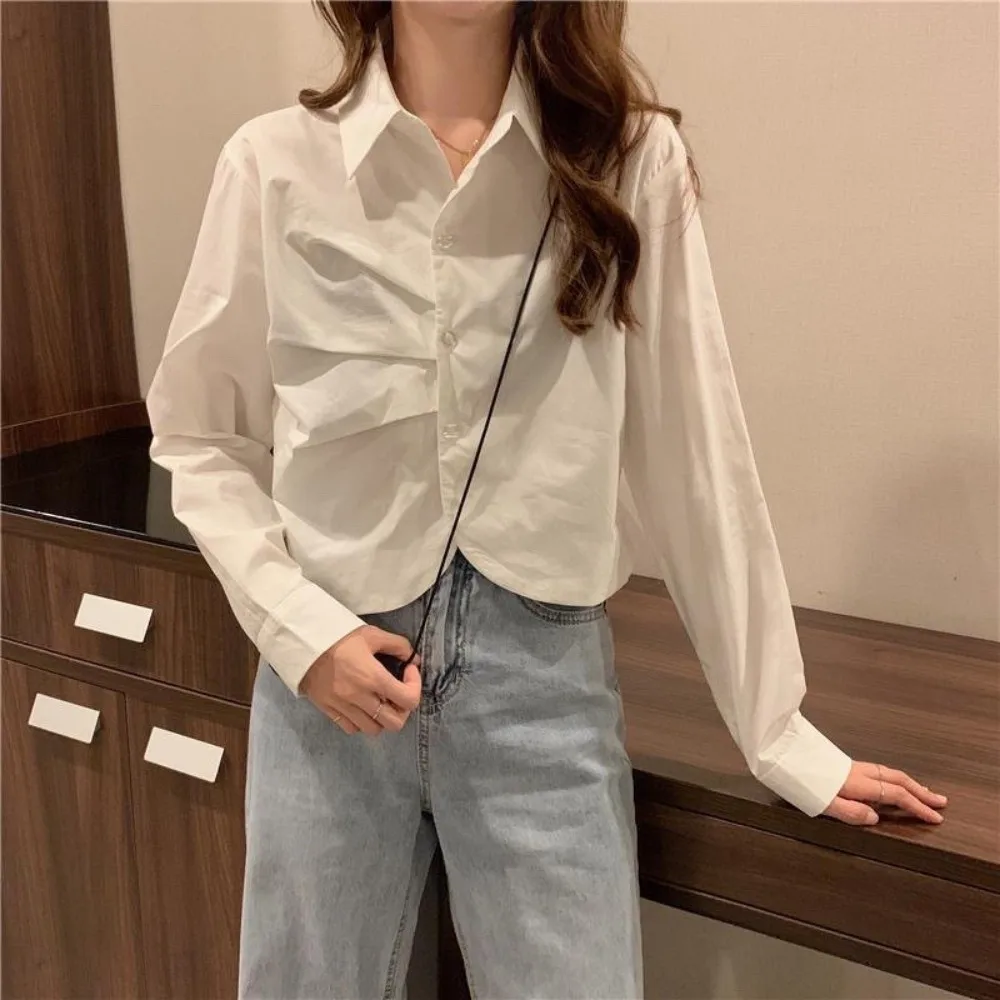 

Temperament Short Ruffle Long Sleeve Shirt V-neck Ruffle Women Stripes Blouse Korean Style Stripes Long Sleeve Tops Women