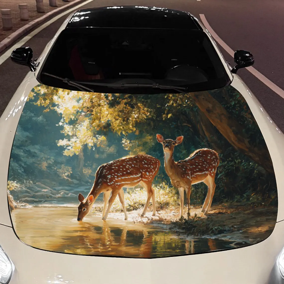 Car Decals Two Deer by a Stream in a Sunlit Forest Car Hood Sticker, Waterproof Self - Adhesive Vinyl Graphics Decals, Decorativ