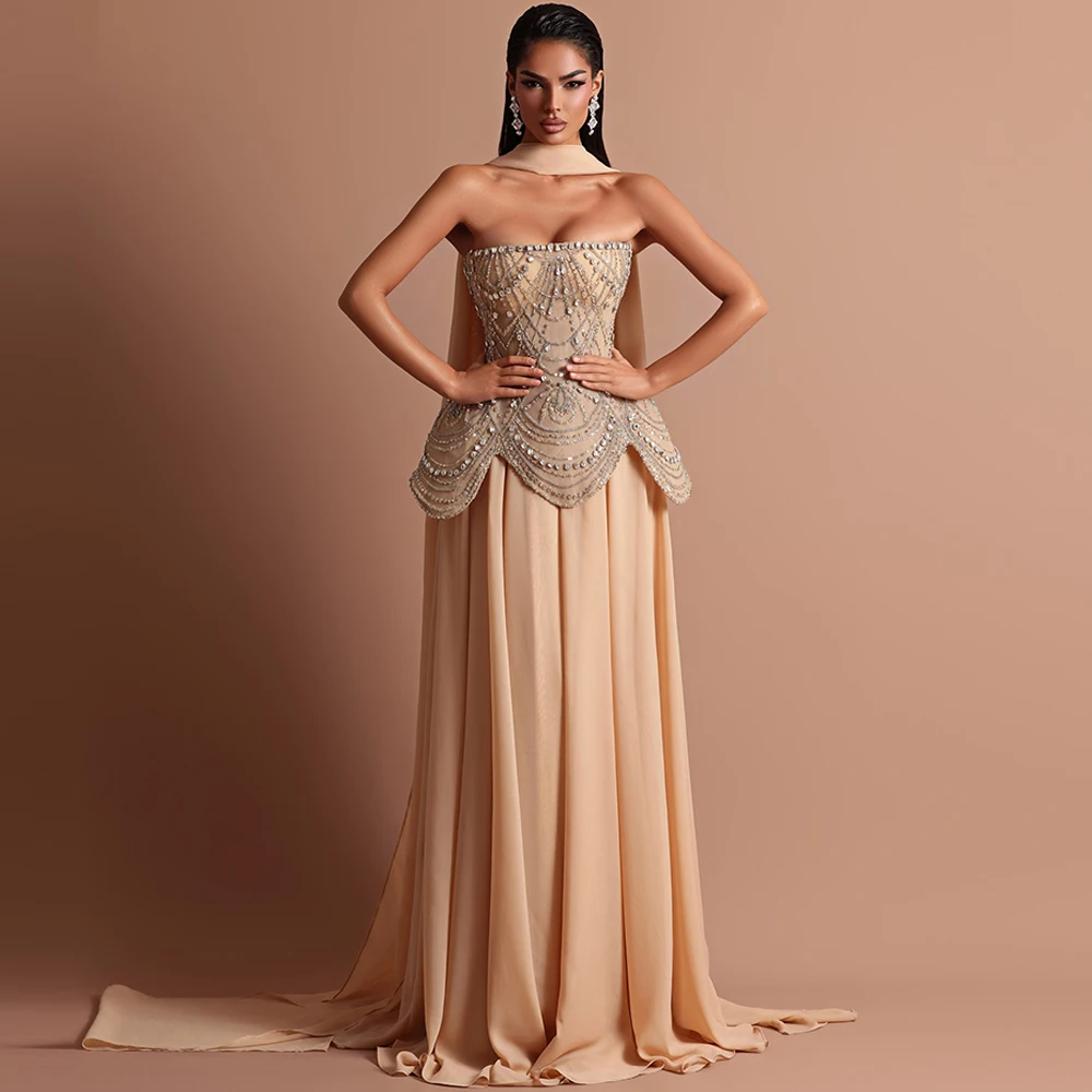 Customized Strapless Chiffon Evening Dress Formal Watteau Train Prom Gowns Exquisite Crystal Beading Celebrity Dresses