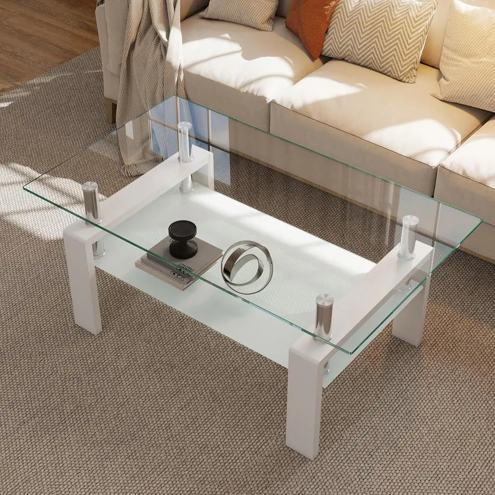 Rectangular Tempered Glass Coffee Table with Metal Frame, 2-Tier Storage for Living Room and Small Spaces
