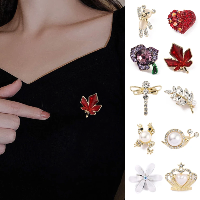 New Pearl Rhinestone Crystal Brooch Lapel Pin Elegant Heart Bear Buckle Female Dress Clothes Suit Scarf Temperament Clip Corsage