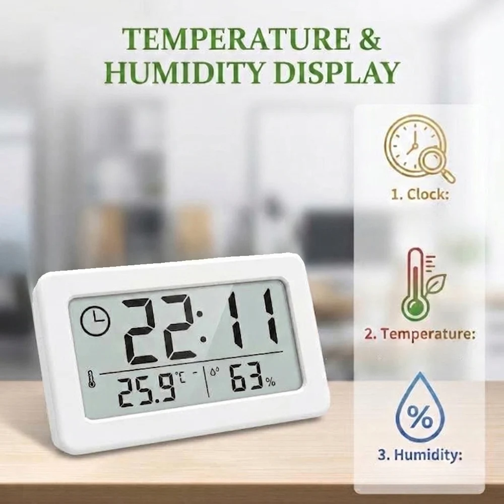 Digital Clock Temperature Humidity Meter Battery Powered Desktop Wall Mount for Kitchen Bathroom Office Living Room Bedroom