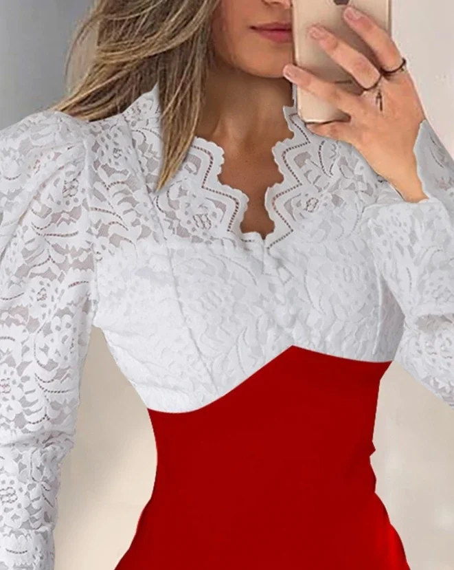 CPSYMYM ชุดสตรีฤดูใบไม้ผลิ Colorblock เซ็กซี่ Contrast Lace Bell Sleeve V คอแขนยาว Bodycon ทุกวัน Semi-Sheer Mini