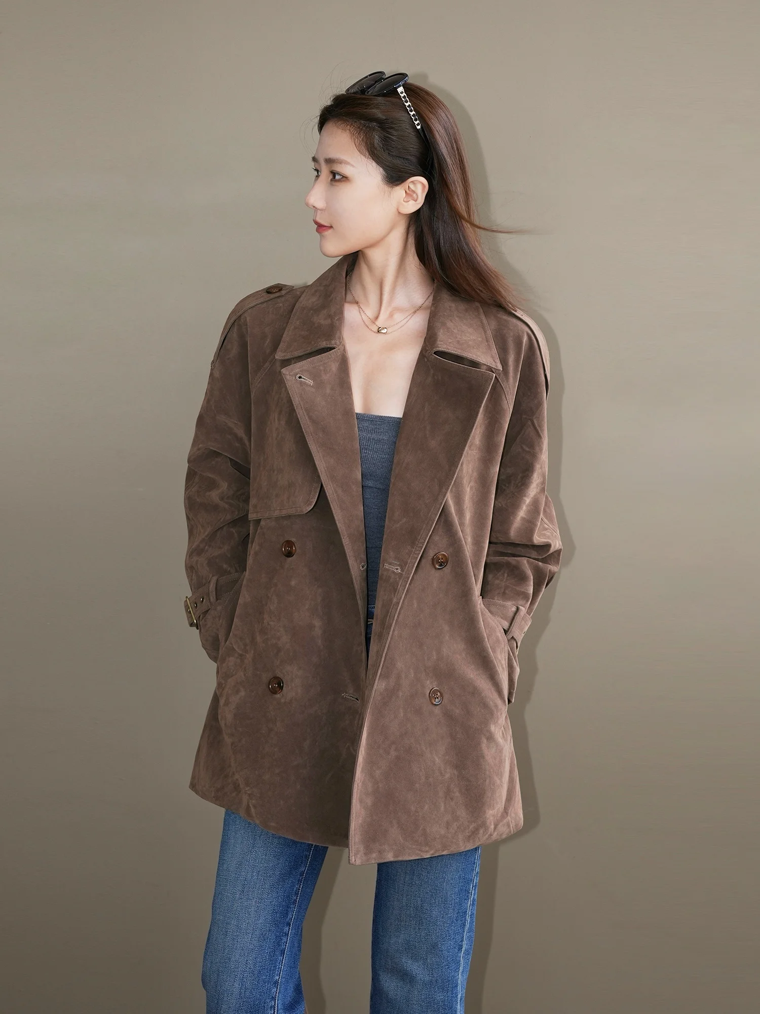 

Briti Sle Women's Double-Breasted Suede Jaet Coat Long Sve Zipper Stand Fit Mid-Length Outerwear for Youth