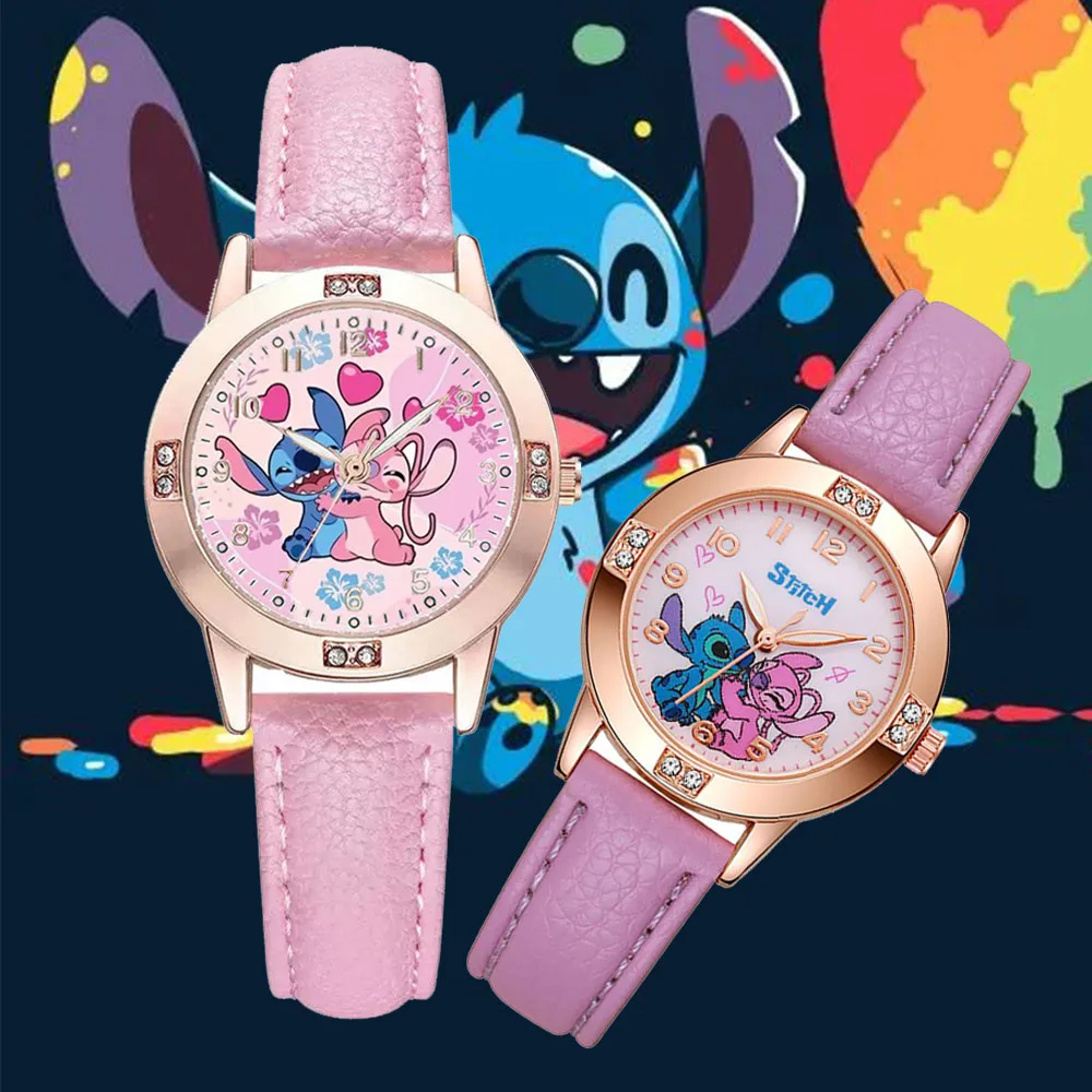 Cartoon Stitch Watches Kids Boys Girls Cute Cartoon Imitation Diamond Wristwatch Belt Student Quartz Watch Children Gifts