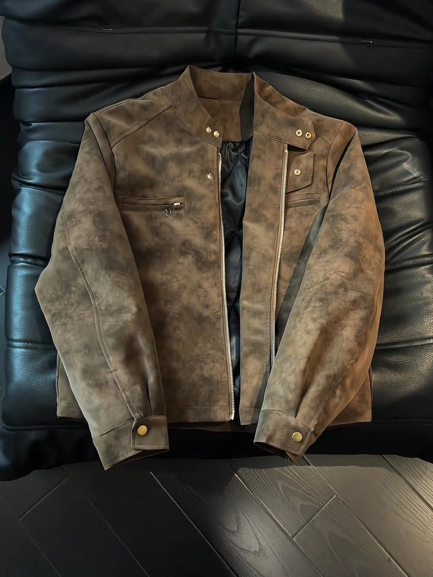 

Thiened Cotton Flng Jaet Мужское зимнее американское ретро пальто из искусственной кожи окрашенное Jaet с металлическими украшениями Long Sve Zipper Cl...