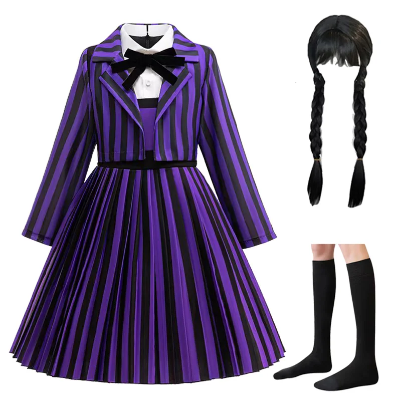 Neues lila gestreiftes Kleid für Mädchen, Halloween-Kostüm, Cosplay, Bühnenkostüm, Leistung, Halloween-Kostüm