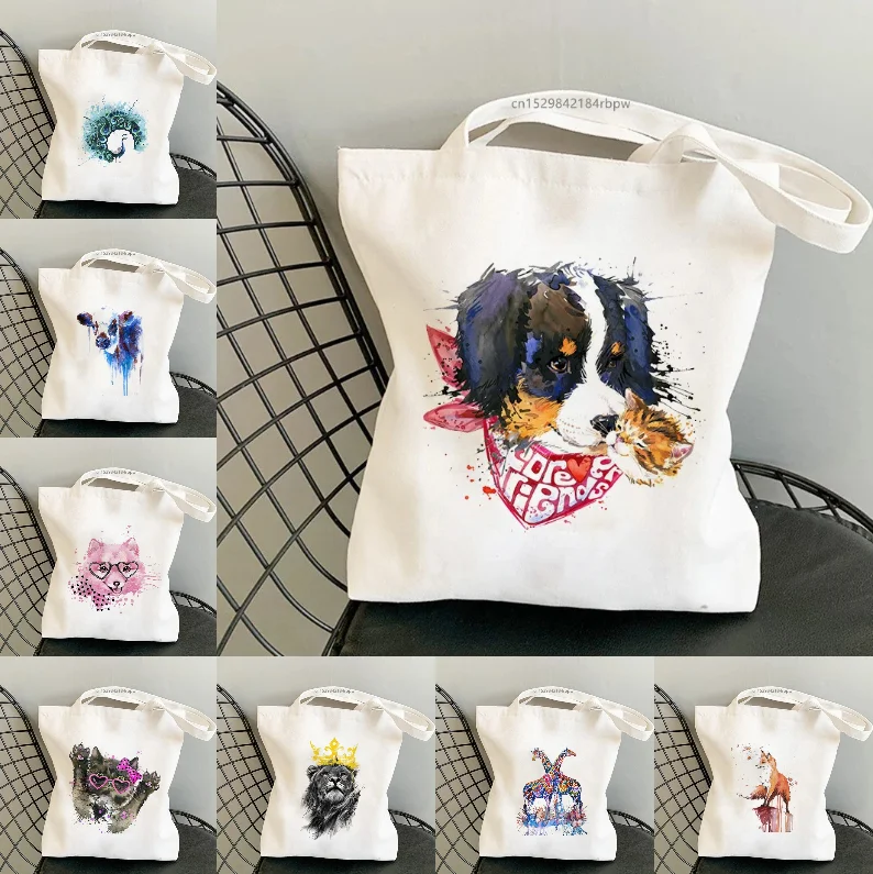 

Watercolor animal canvas bag cat dog lion peacock cow giraffe printed handbag women's shopping lightweight bag