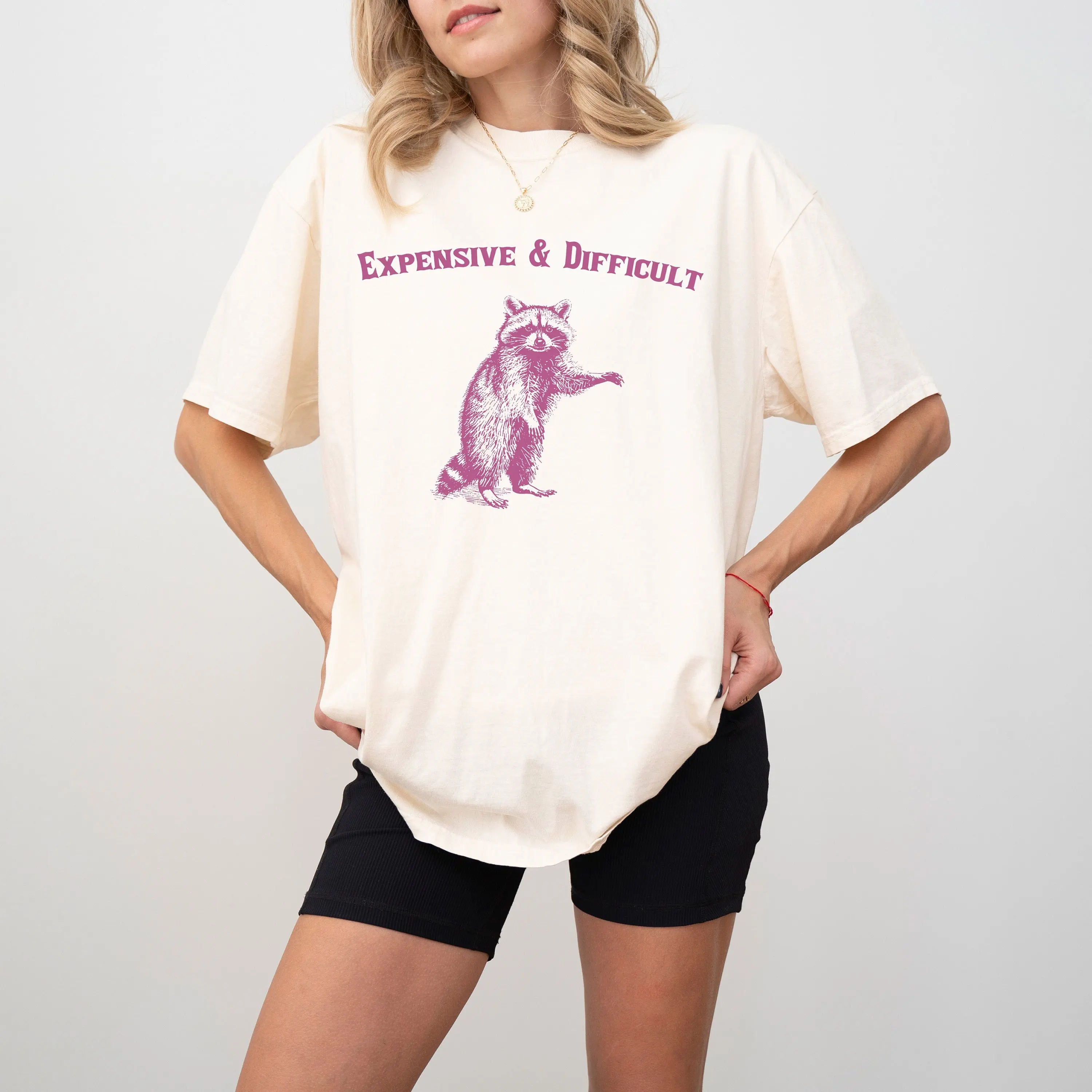 Expensive Difficult Meme T Shirt Raccon Retro Cartoon Oversized Silly Tee Vintage