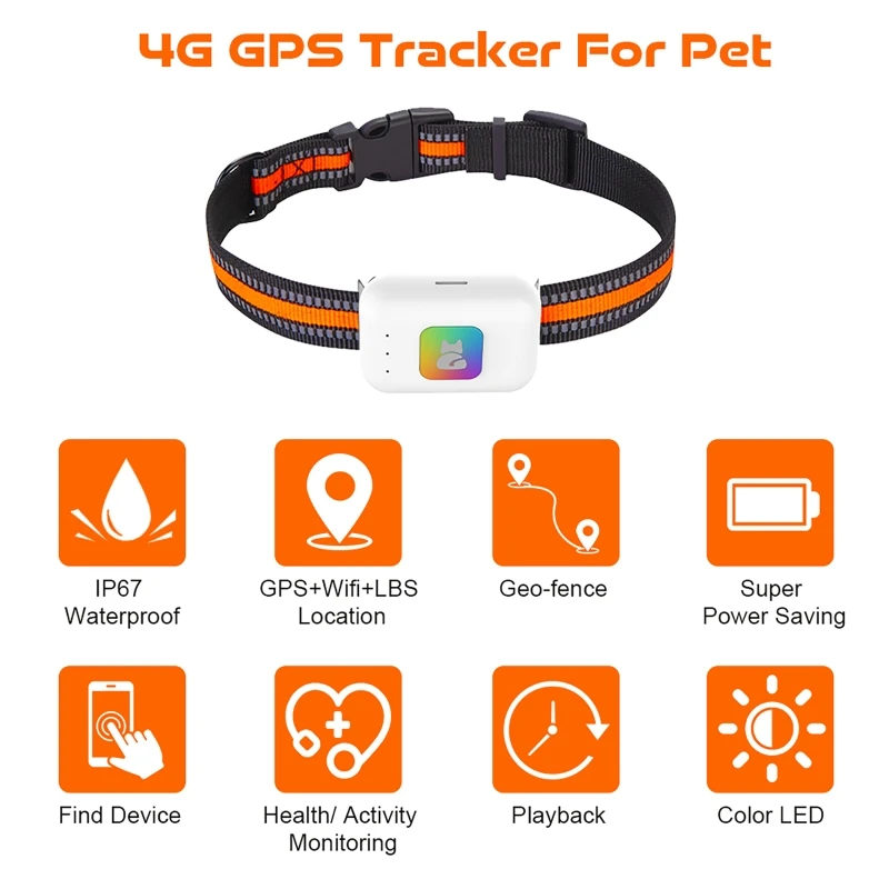 GPS Pet Tracker with Colorful LED Flash 4G Smart Pet Collar IP67 Waterproof Pet Pedometer Calorie Health Data Tracker