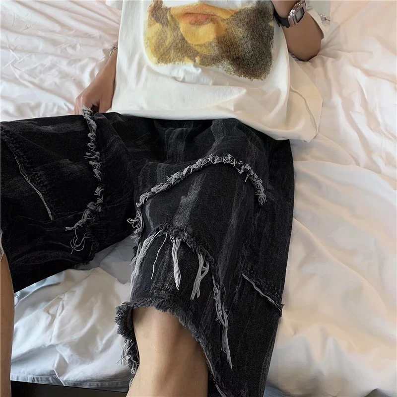 デニムショーツ男性夏の新絞り染めフリンジアメカジルーズストレート脚膝丈パンツハンサムパーソナライズされたズボン