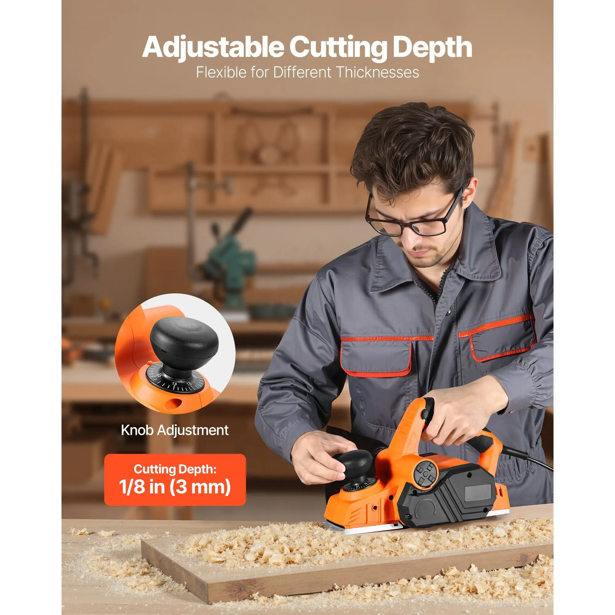 Electric Hand Planer, 3-1/4-Inch Cut Width, 7-Amp 14500 RPM Corded Power Handheld Planer for Wood, with Adjustable Cut Depth, 2