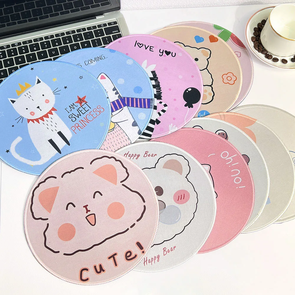 Cute Cartoon Round Mouse Pad Small Mouse Mat Non-Slip Natural Rubber Base Smooth Cloth Surface Office Gaming Desk Mouse Pad