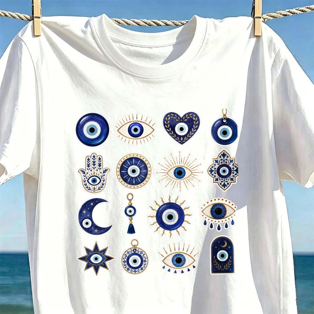 Aesthetic Evil Eye Collection Graphic Tee Blue Spiritual Protection Symbols Amulet Unisex Casual Top Summer Fashion Cotton Tees