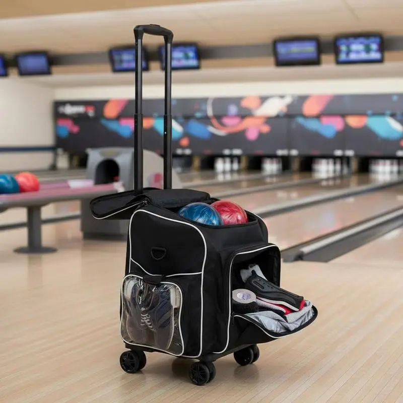

Rolling Tote 25x13x17in For Bowling Alley Competition Training, Double Ball Capacity Four Wheel Design Separate Shoe Compartment Retractable 37.4in Handle Side Accessory Pocket Heavy Duty Fabric Construction 600D Polyester Material