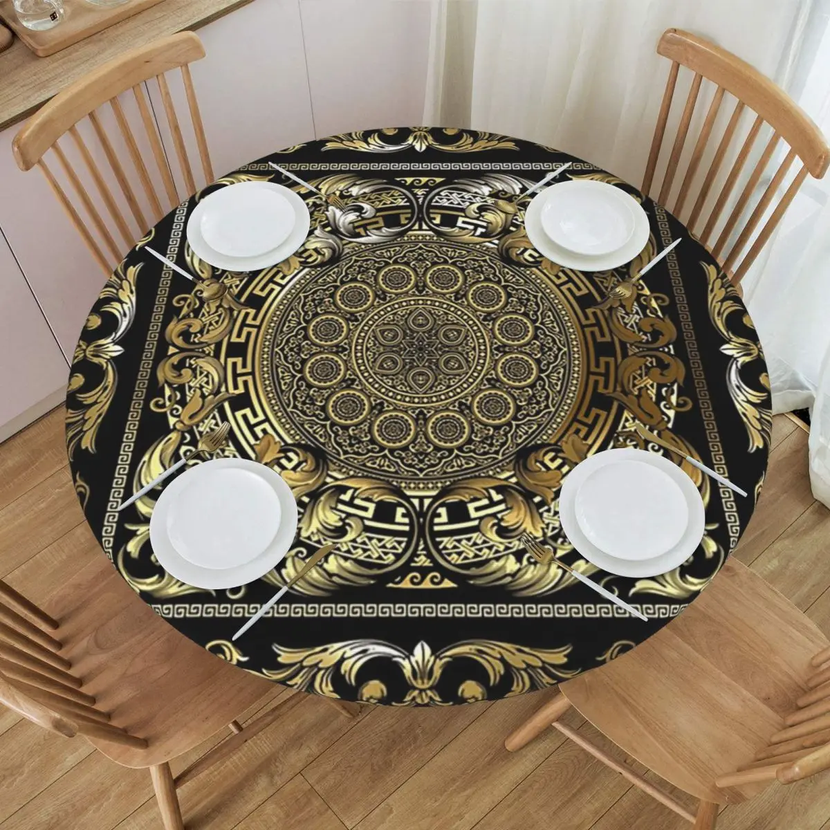 Greek Keys Ornate Floral Baroque Gold Waterproof Round Tablecloth Oilproof Table Cloth for Kitchen Events Dining Table Cover
