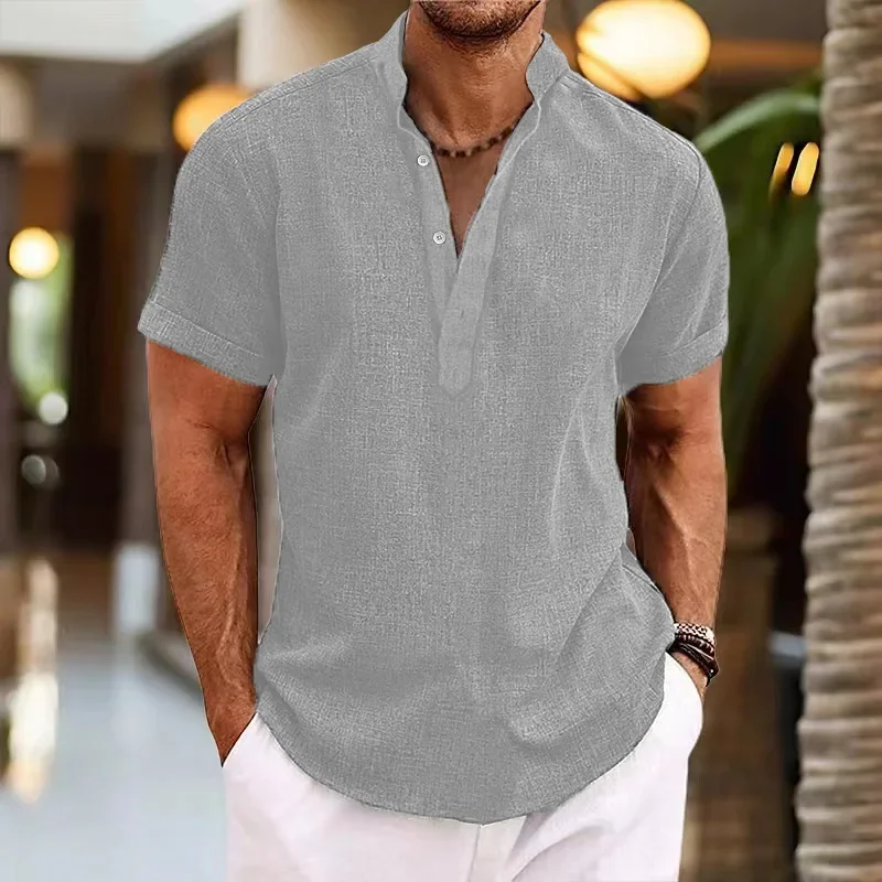 New Summer Men's Business Casual Shirt Retro Solid Color Short Sleeve Stand Collar Loose Casual Henry Shirt Tops Street Wear