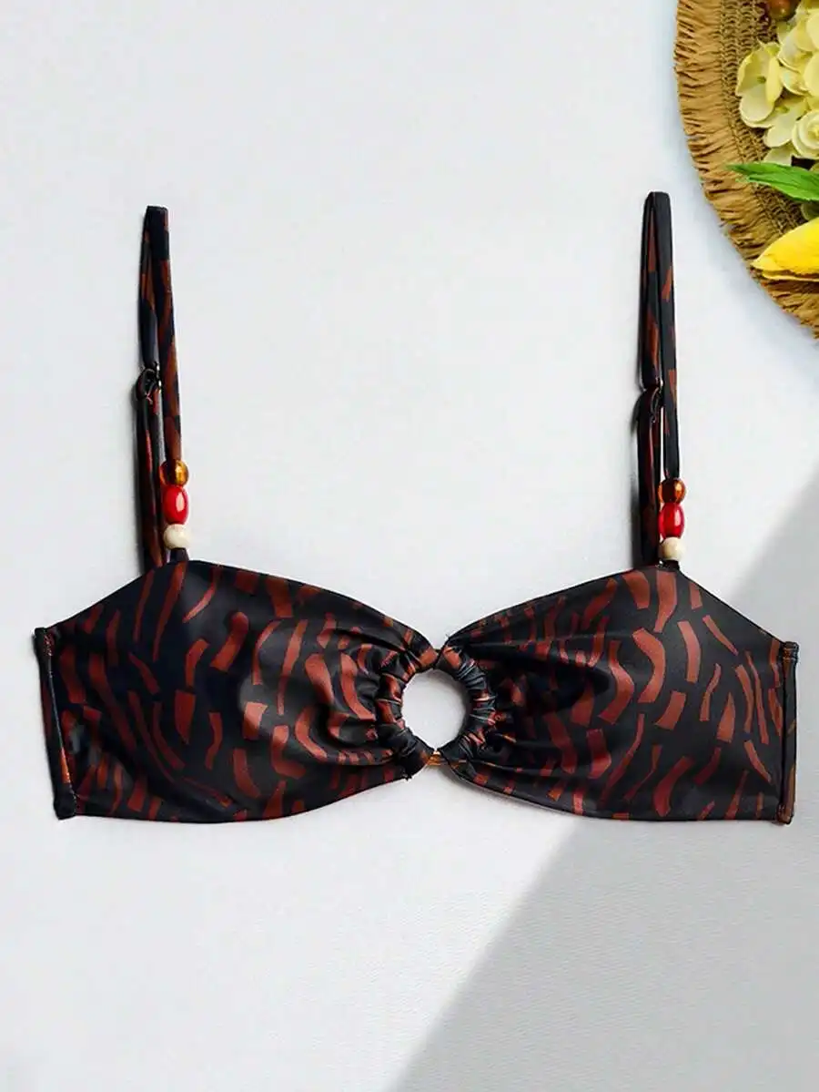 

Striped Print Bandeau Bikini Top With Beaded Straps For Beach Vacation