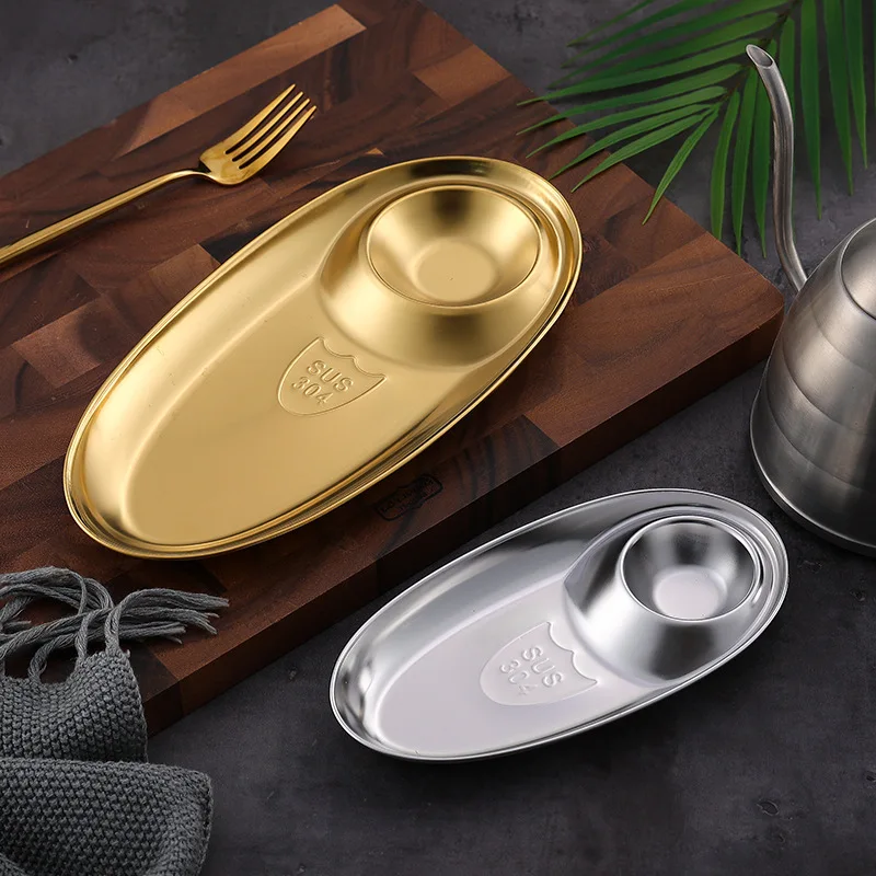 304 stainless steel oval French fries snack plate with seasoning jiaozi fried chicken golden creative barbecue skewer plate.