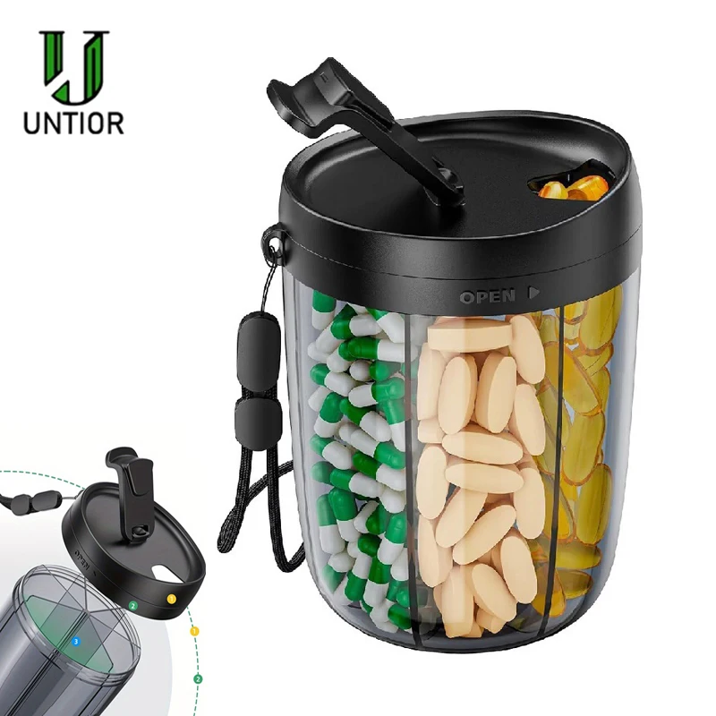 UNTIOR Large Pill Organizer with 6 Compartments Transparent for Vitamins Supplements Medicine Tablets Portable Storage Container