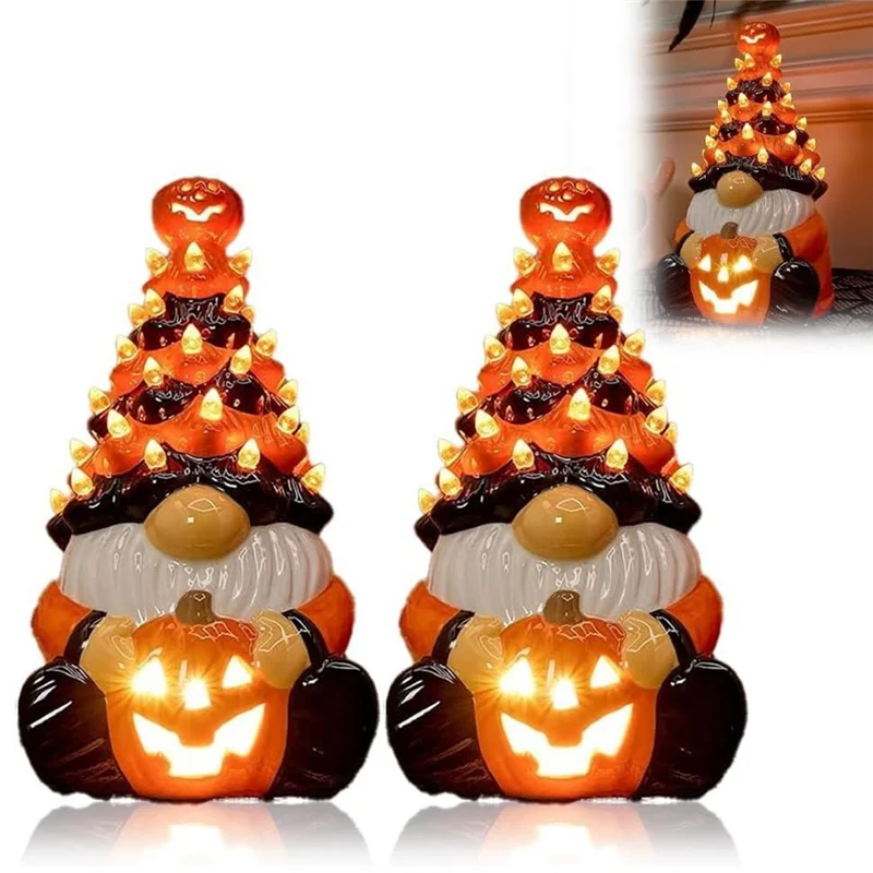 

【DIY DECOR】For Home For Party Handmade Lighted Pumpkin 2Pcs Halloween Dwarf Decoration With Light Indoor Outdoor Garden Decorati