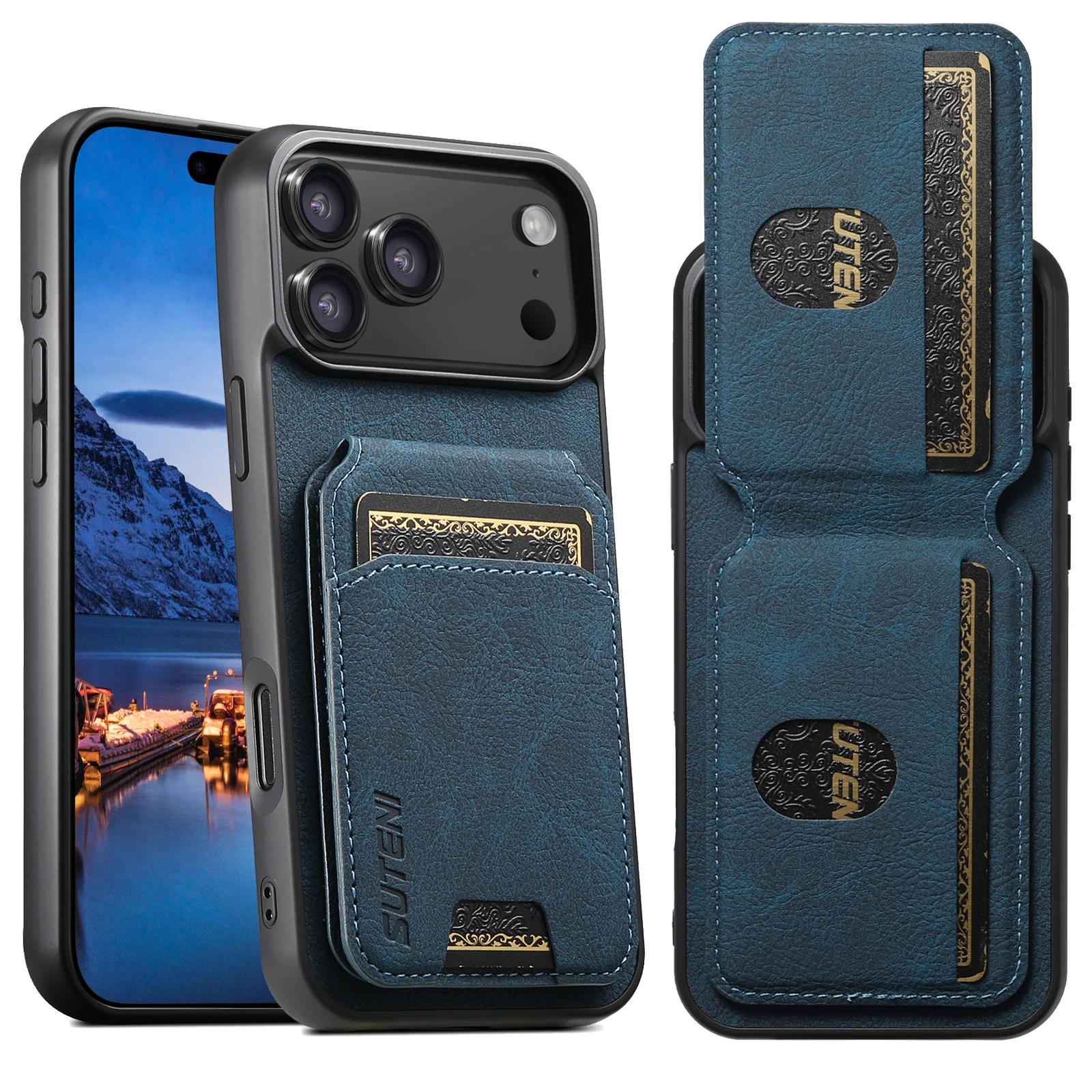 SUTENI Luxus-Kartenhalter aus Kunstleder mit Standfunktion und Mattierung für iPhone 18 Pro Max 17 Air 16 Plus 15 14 13 12