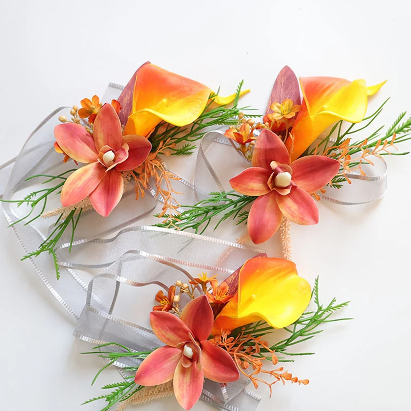 25021 Orange-yellow Bohemian Rose Flower Corsage & Wristlet Set - Perfect for Brides, Groomsmen, and Wedding Decorations