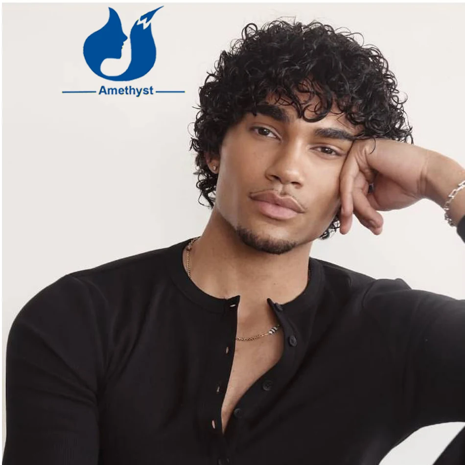 Amethyst Soft Curly Natural Black Human Hair Short Wig Full Transparent Lace for Men Brazilian Remy Hair Pre Styled Easy to Wear