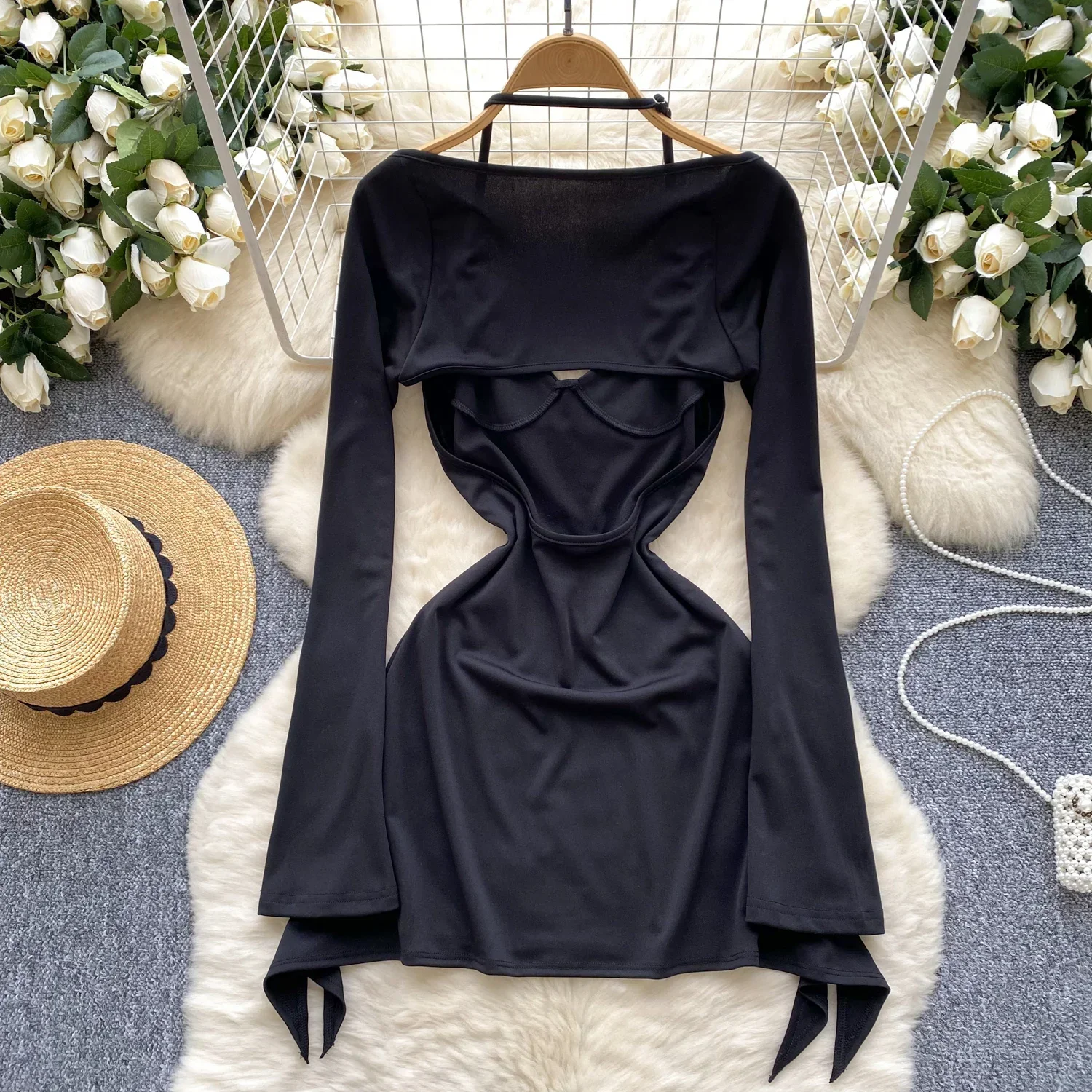 Sexy Hollow Out Halter Elegant Long Sleeves Hotsweet Backless Fashion Slim Short Dresses Streetwear High Street Autumn Clothing