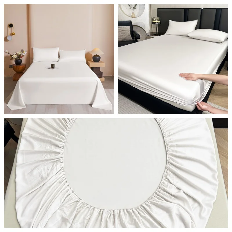 4pcs Solid White Sheet Set,Silky Smooth Lyocell Fiber Flat/Top Sheet+Fitted Sheet +Pillowcase,Silky Bed Linens For 1.5m Bed