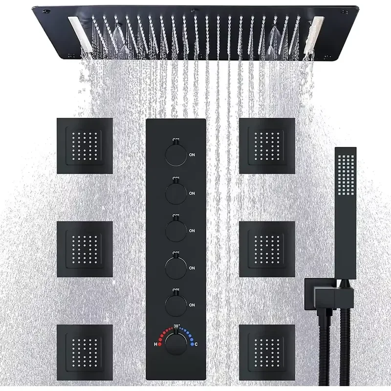 Thermostatic LED Matte Black Shower Mixer System 28X15 Inches Super Large Bathroom Shower Sets with Waterfall Rain Mist Show