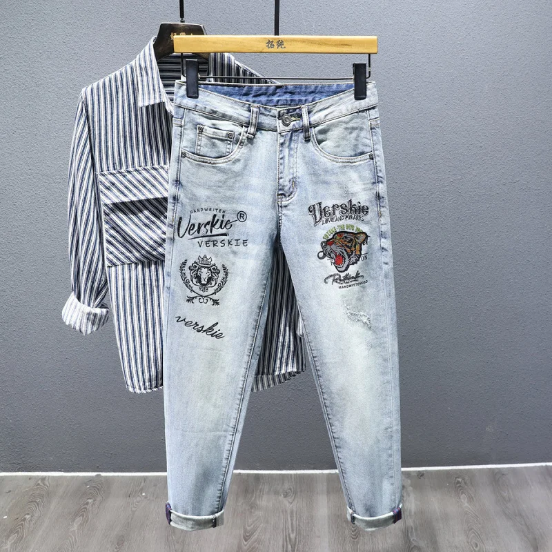 

Fashion Tiger Embroidery Print Jeans for Men Trendy Street Party Casual Slim Fit Stretch Skinny Pants