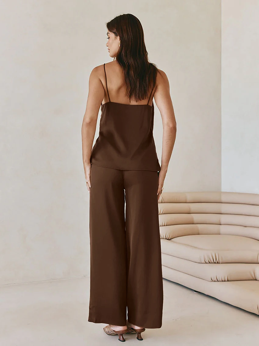 Marthaqiqi Casual Women Nightgown Set Sexy V-Neck Pajama Spaghetti Strap Sleepwear Sleeveless Nightie Pants Loose Nightwear Suit