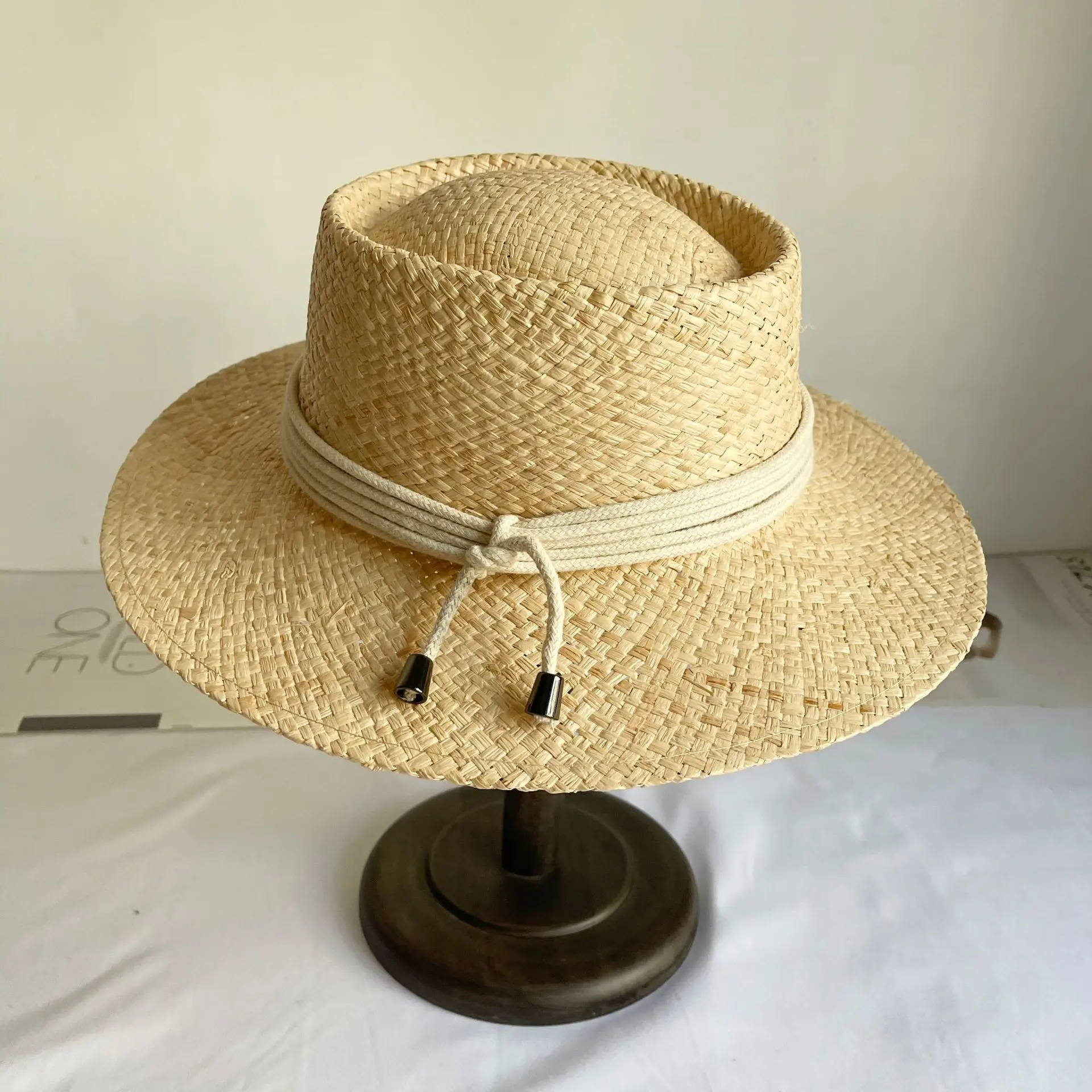 Handmade Women Summer Hat Wide Brim Straw Boater Hat with Cotton Cord Hatband Gambler Batterson Style Sun Hat Church Beach Derby