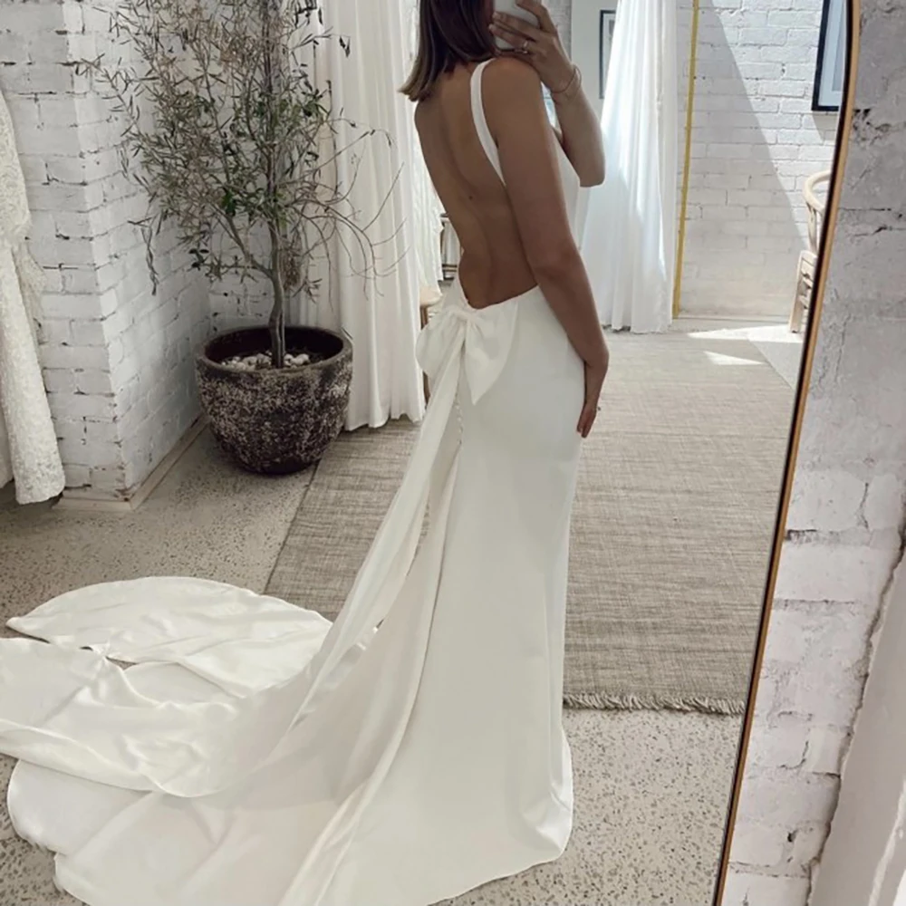Crepe Scoop Neck Low Cut Wedding Dress Big Size Customized Simple Open Back Column Fit Detachable Bow Minimalist Bridal Gowns