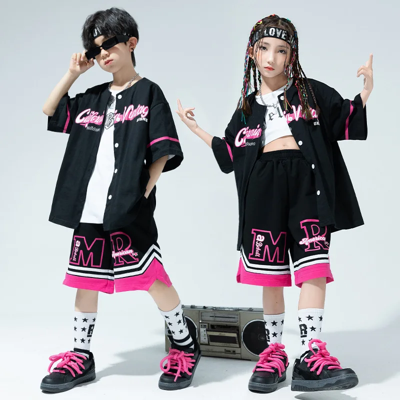 

Kid Cool Hip Hop Clothing Black Short Sleeve Cardigan Shirt Top Casual Print Summer Shorts for Girl Boy Dance Costumes Clothes