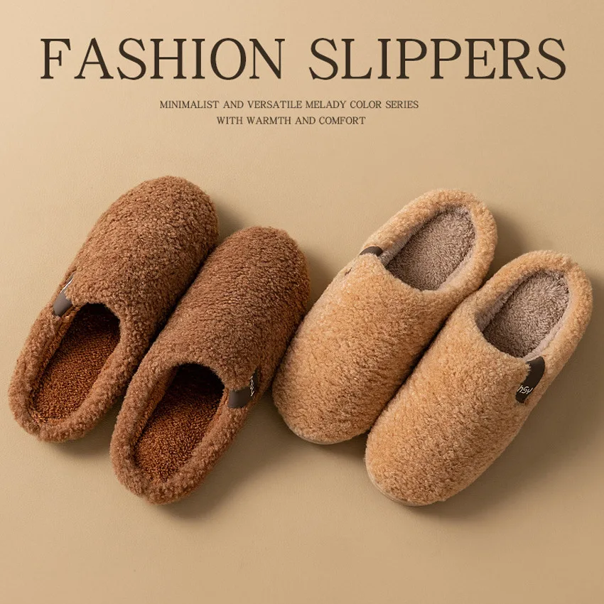 Men Women Teddy Fleece Slide Slippers Fluffy Plush Upper Non Slip Thick Sole Warm Winter Couple Indoor Outdoor House Soft Shoes