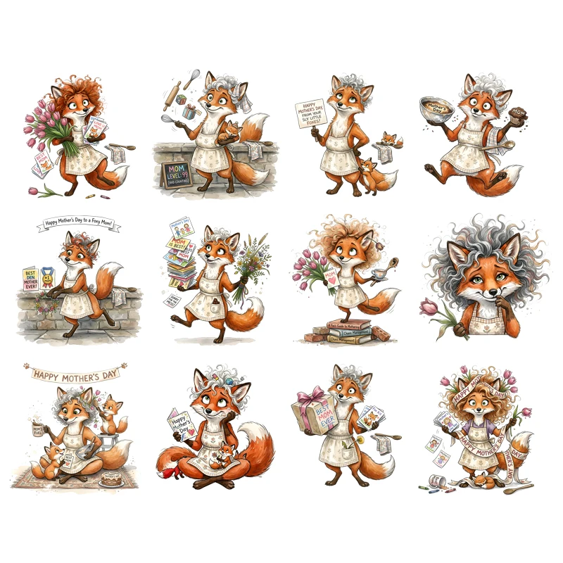 Fox Mom Smile Foxes Heat Transfer Stickers Animal Print Patch Hoodies Heat Press Appliqued T-Shirt Diy Clothes Stickers Ptches