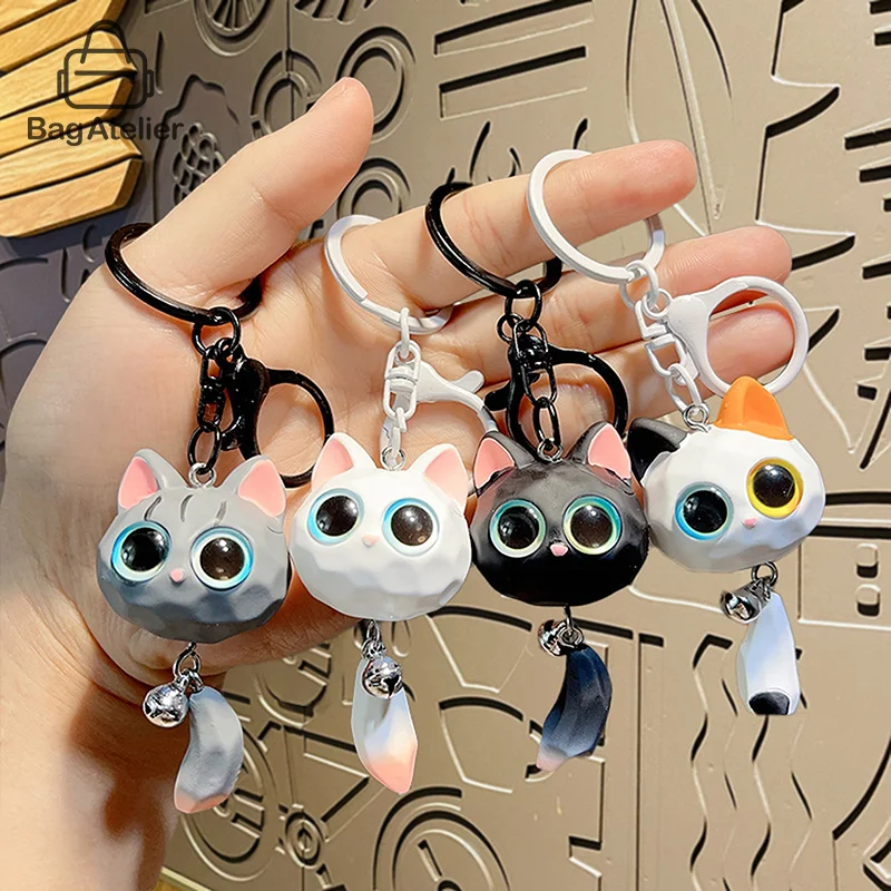 Cute Big Eyes Cat Head Keychain Pendant Fine Anti-lost Cat Head Car Keychain Creative High Quality 3D Cartoon Couple Bag Charm